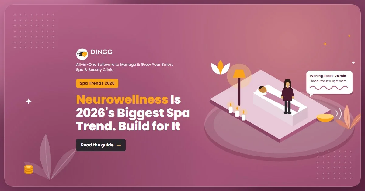 Blog cover: Neurowellness Is 2026's Biggest Spa Trend. Build for It, with a lotus and moon illustration and the DINGG logo