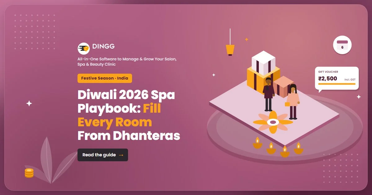 Blog cover: Diwali 2026 Spa Playbook: Fill Every Room From Dhanteras, with a diya lamp and gift voucher illustration and the DINGG logo