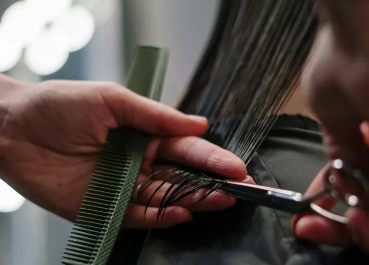 Stylist cutting a client's hair in a salon