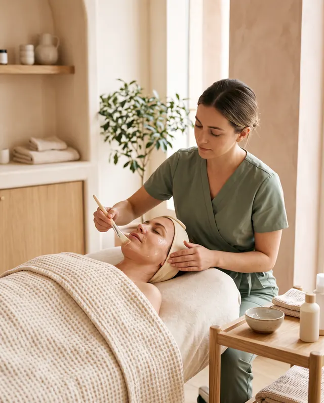 An aesthetician applying a hydrating face mask in a calm beauty clinic