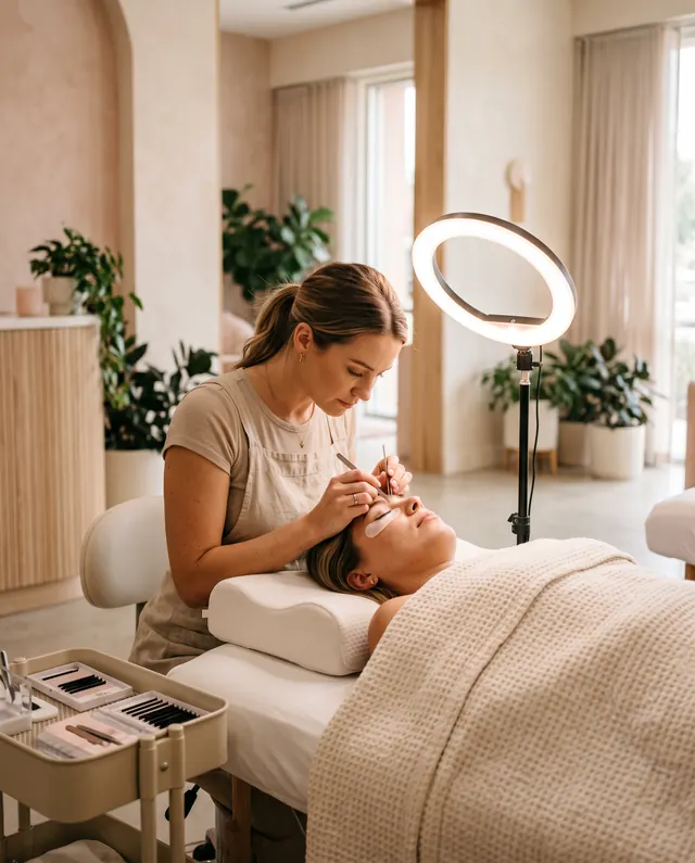 A lash artist applying eyelash extensions in a bright brow and lash studio