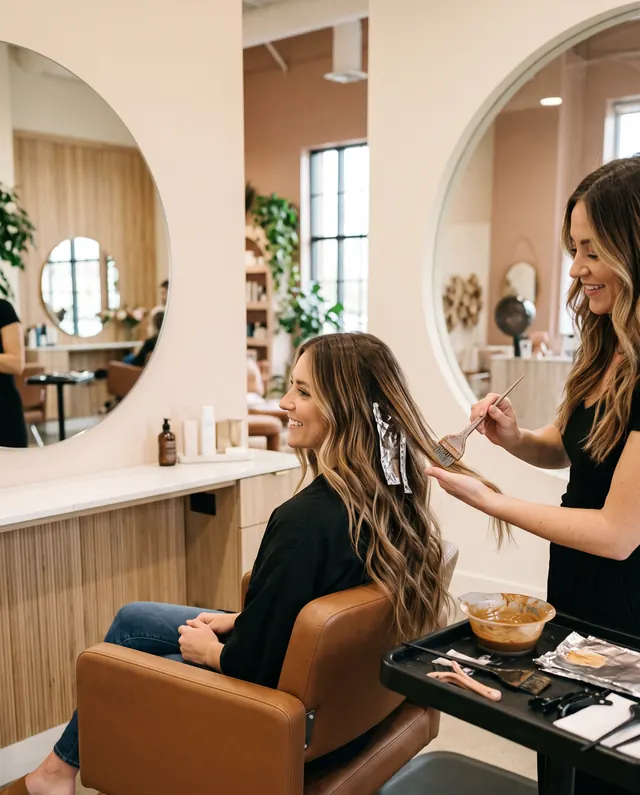 A stylist hand-painting balayage on a client in a modern hair salon
