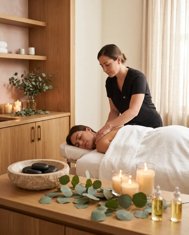 A massage therapist with a client in a calm day spa treatment room
